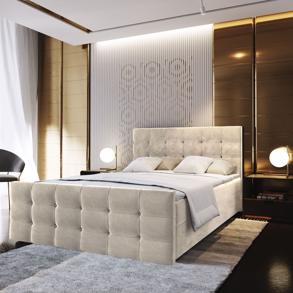 Masseno Boxspringbett SLAT 140x200 cm Komplett-Set mit Bonell Matratze und Topper, Polsterbett mit Bettkästen -Beige, COSMIC 10