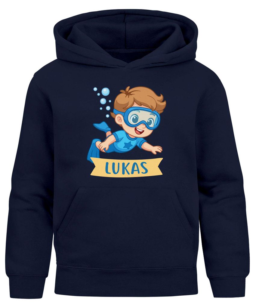 Kinder Hoodie Jungen mit Namen Geschenk Schwimmen Tauchen personalisiert Jungengeschenke Kapuzenpullover Grafik Print Comic Stil Moonworks