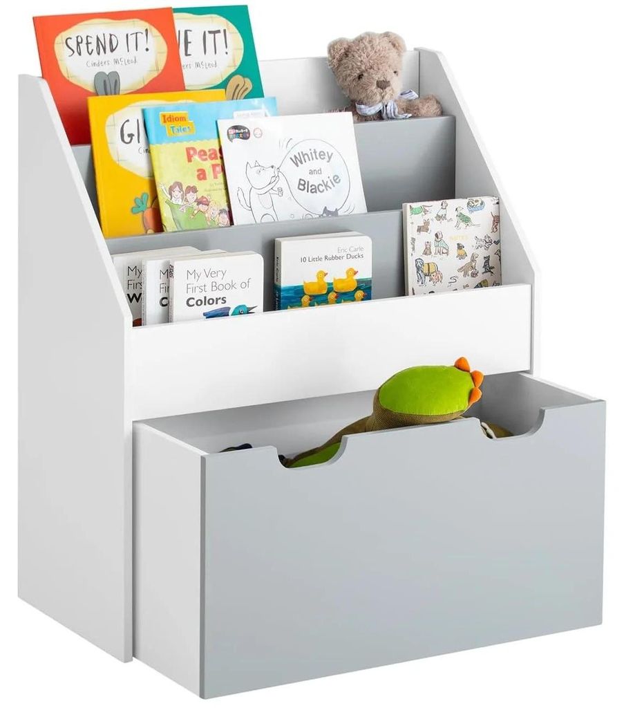 Kinderspielzeug Aufbewahrung - Rollende Spielzeugkiste - 3 Fächer - Bücherregal aus Holz - Für Kinderzimmer und Spielzimmer - Grau Weiß