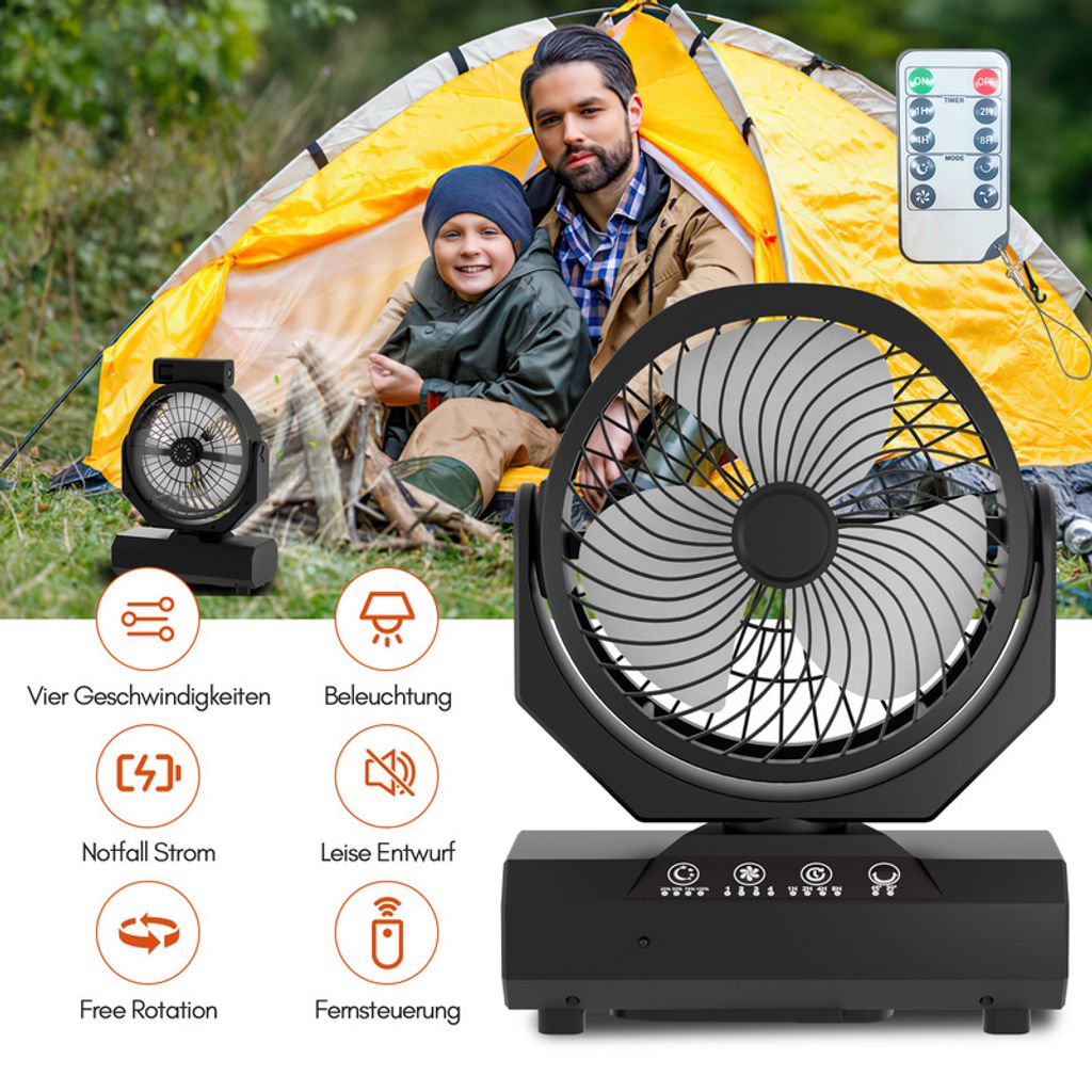 Clanmacy Camping Ventilator Multifunktionales 2in1 Camping-Lüfterlicht, Tragbarer USB-Campingventilator für Zelt mit LED-Lampe Laterne Fernbedien...