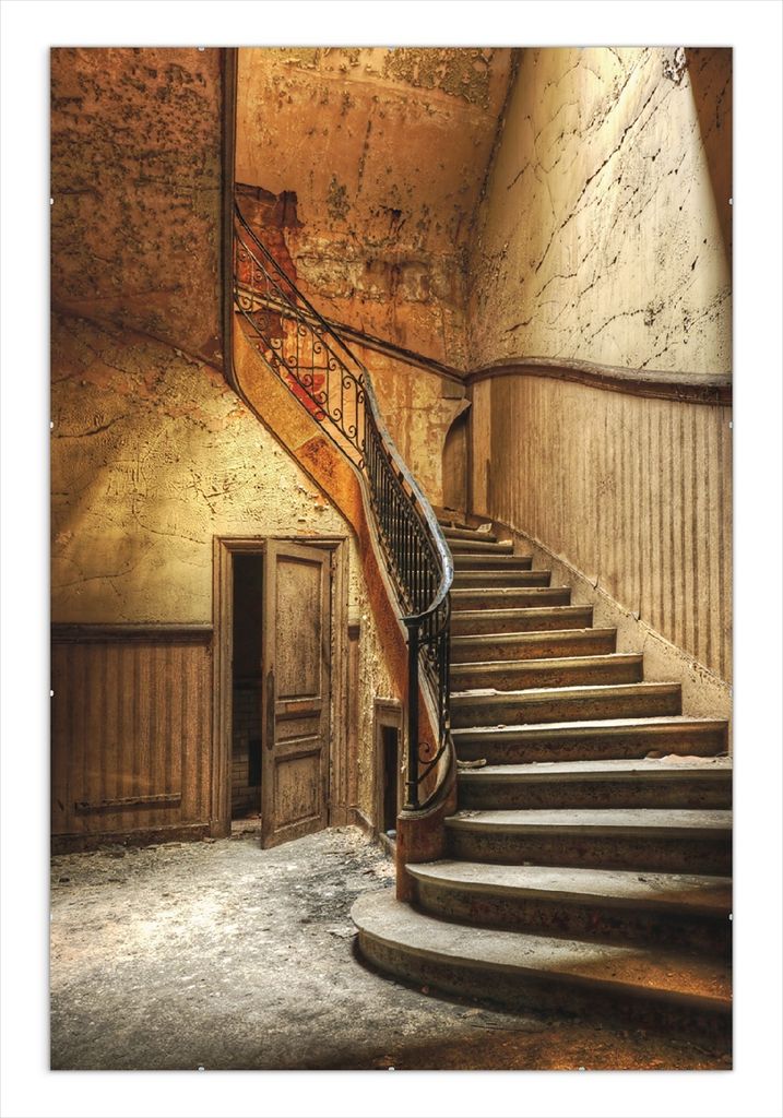 Wallario Wandbild Rustikale Holztreppe, Größe: 61 x 91,5 cm, Poster mit rahmenlosen Bildhalter