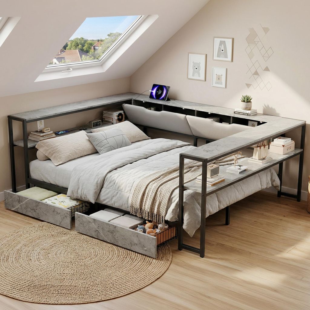 Flieks Schlafsofa Metallbett 140x200cm mit 2 Schubladen, Jugendbett Doppelbett mit USB und Type-c, Tagesbett Kinderbett mit Stauraum, Leinen, Grau