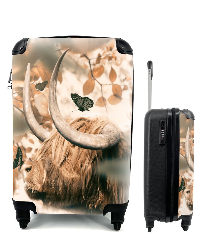MuchoWow Koffer Handgepäck Trolley Rollkoffer Kleine Reisekoffer mit 4 Rollen - Schottische Highlander - Schmetterlinge - Hoorn - Cabin Size < 5...
