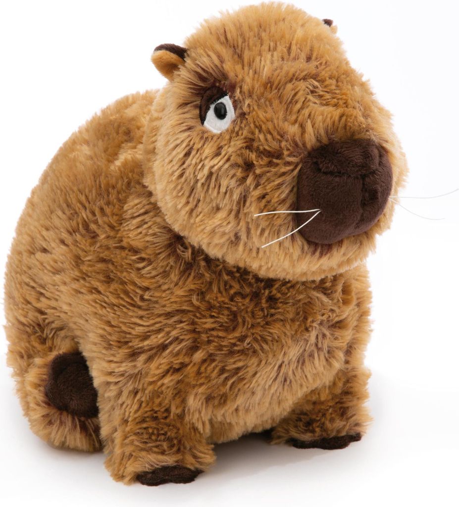 A plush toy capybara sits facing forward against a white background.