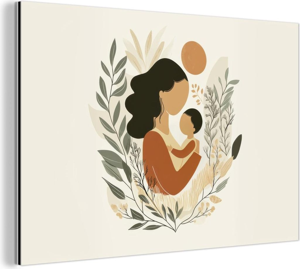 MuchoWow Wanddekoration Metall Metallbild Wandkunst 90x60 cm Illustration - Mutter - Kind - Liebevoll MuchoWow Aluminium Gemälde - Wandbilder