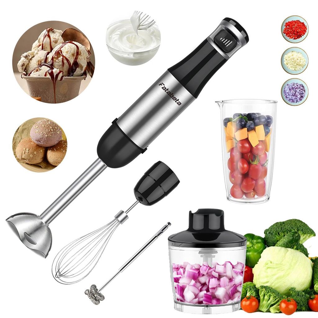 7MAGIC Pürierstab,4-en-1 Stabmixer Elektrischer,800W Stufenlos Geschwindigkeiten,Edelstahl,Schneebesen,Häcksler und Messbecher für Babynahrung,S...