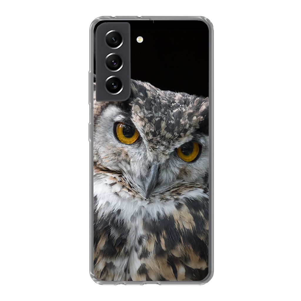 MuchoWow Handyhülle Schutzhülle Hülle für Samsung Galaxy S21 FE Porträt einer braunen Eule auf schwarzem Hintergrund Silikon Softcase Handy ...