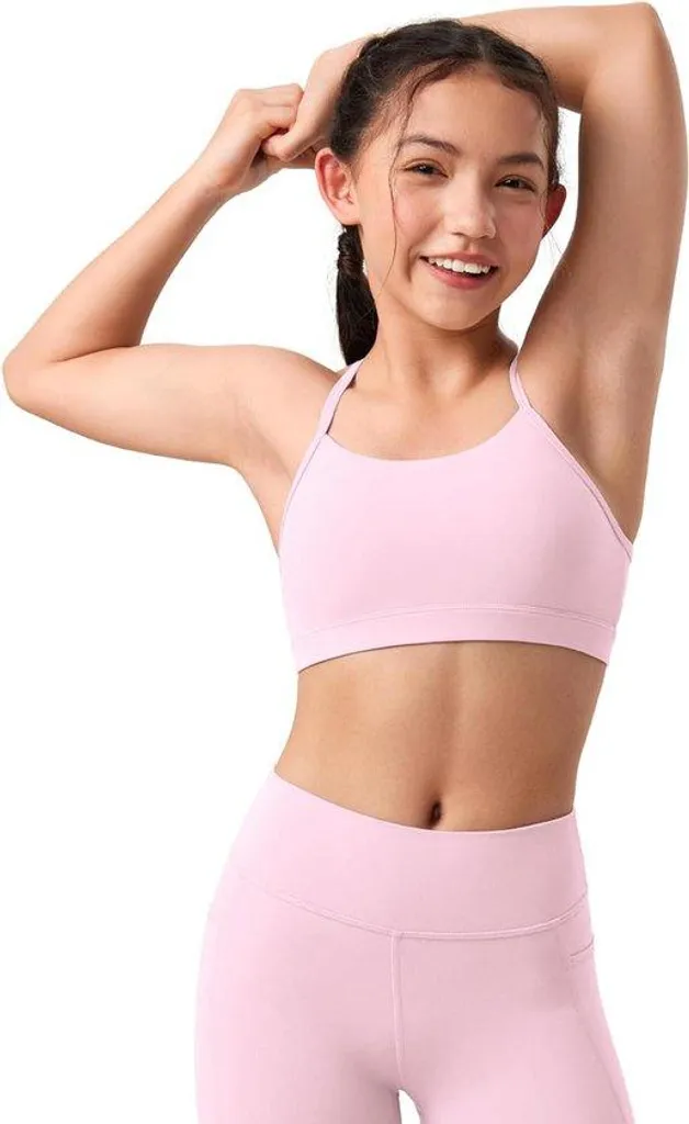 Brassière de sport fille dos nageur en coton stretch rose taille 10-12 ans