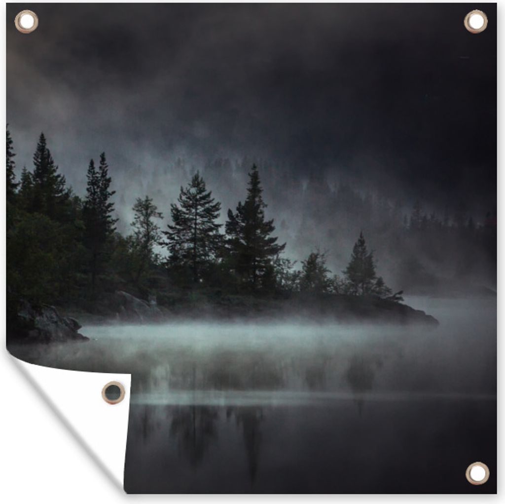 MuchoWow 100x100 cm Outdoor-Poster Gartendeko Sichtschutz Garten Poster für den Garten Wald - Nebel - Schwarz - Weiß