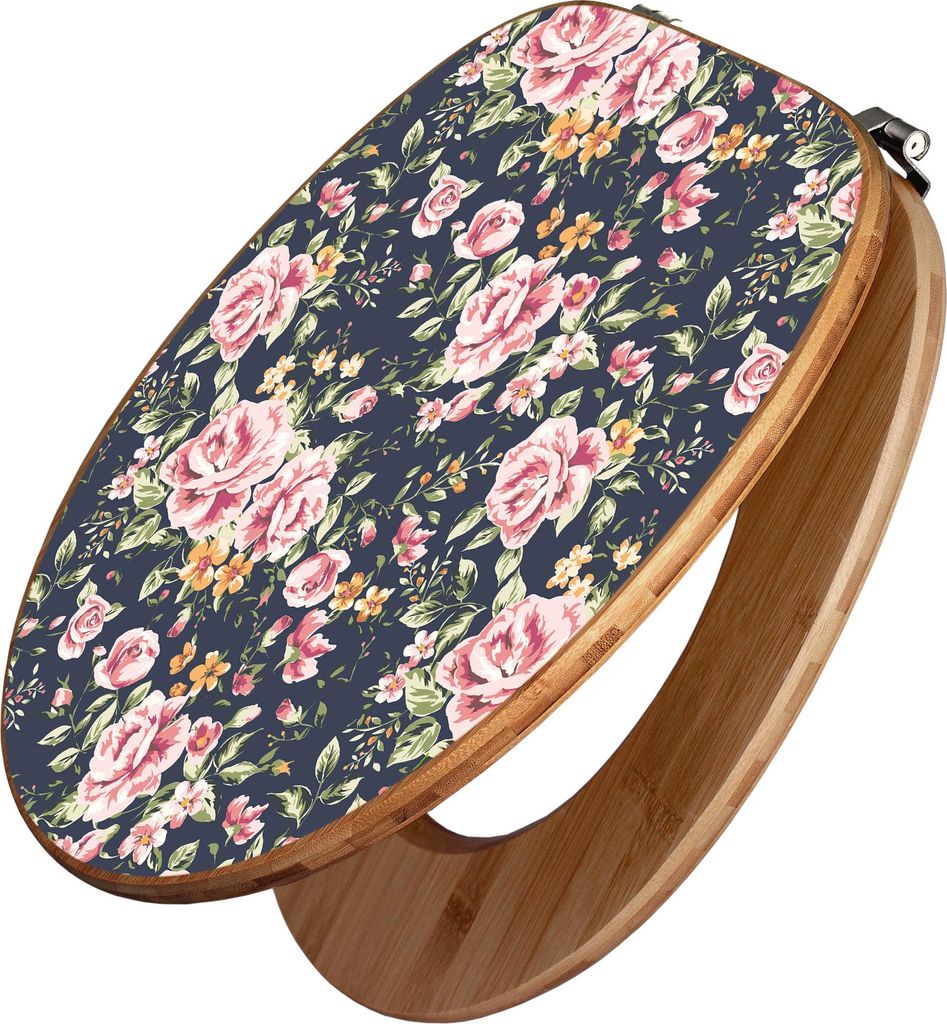 banjado Design WC Sitz Bambus 44x38x5cm - Rosen Auf Anthrazit - Toilettendeckel/Toilettensitz Bambus - hochwertiger Bambus Klodeckel/WC-Sitz mit Un...