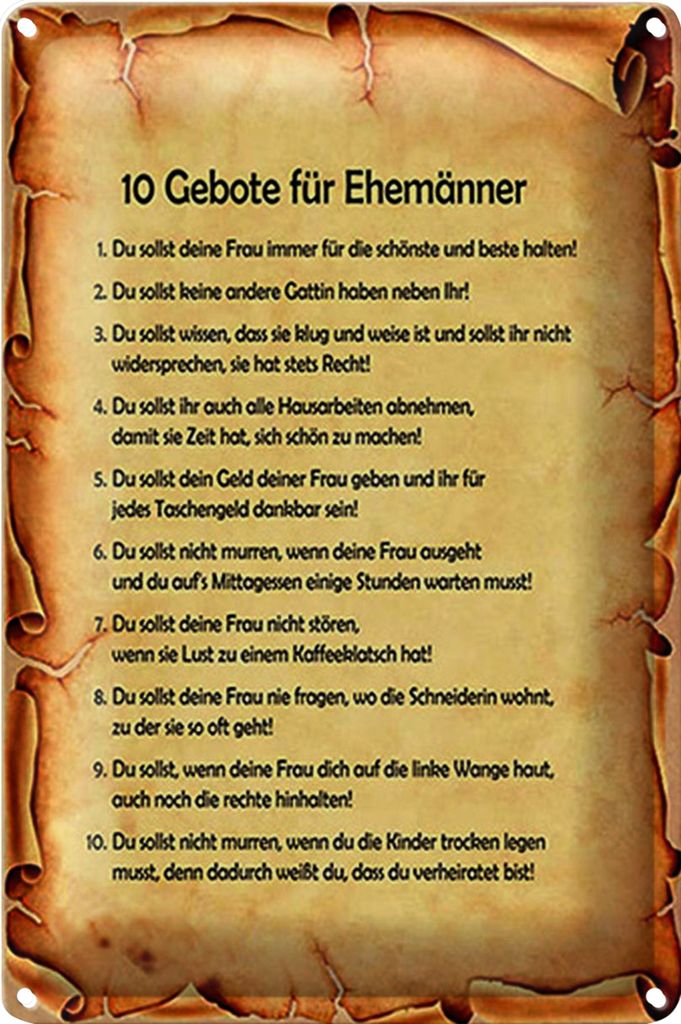 Blechschild Spruch 18x12cm 10 Gebote für Ehemänner