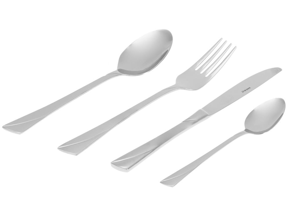 A set of four stainless steel cutlery pieces arranged diagonally on a white background.