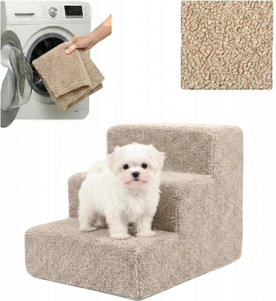 Komvortowy | Haustiertreppe | BEIGE | Bouclé | 3 Stufen | für Bett & Sofa | 36 cm | Hunderampe | Hundetreppe | Abnehmbar und Waschbar