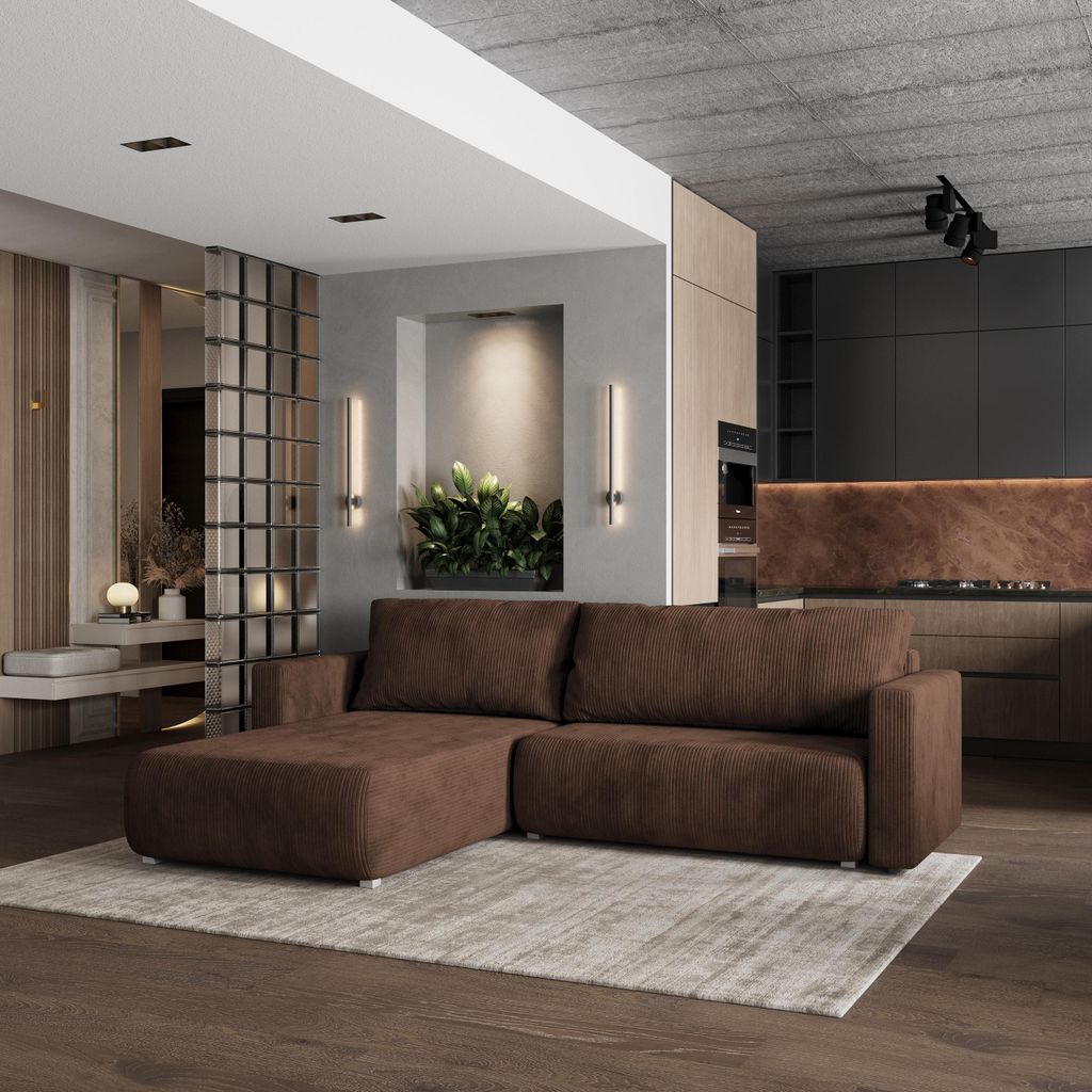 Masseno Ecksofa TURIN P mit Schlaffunktion L-Form, Sofa mit Bettkasten, Wohnzimmersofa, Couch, Soffa, Bettsofa, Couchgarnitur- Braun, POSO 06