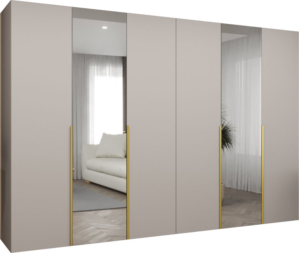 MEBLE KRYSPOL, Kleiderschrank Spiegel, 300x202x52, Kaschmir, Griff Gold