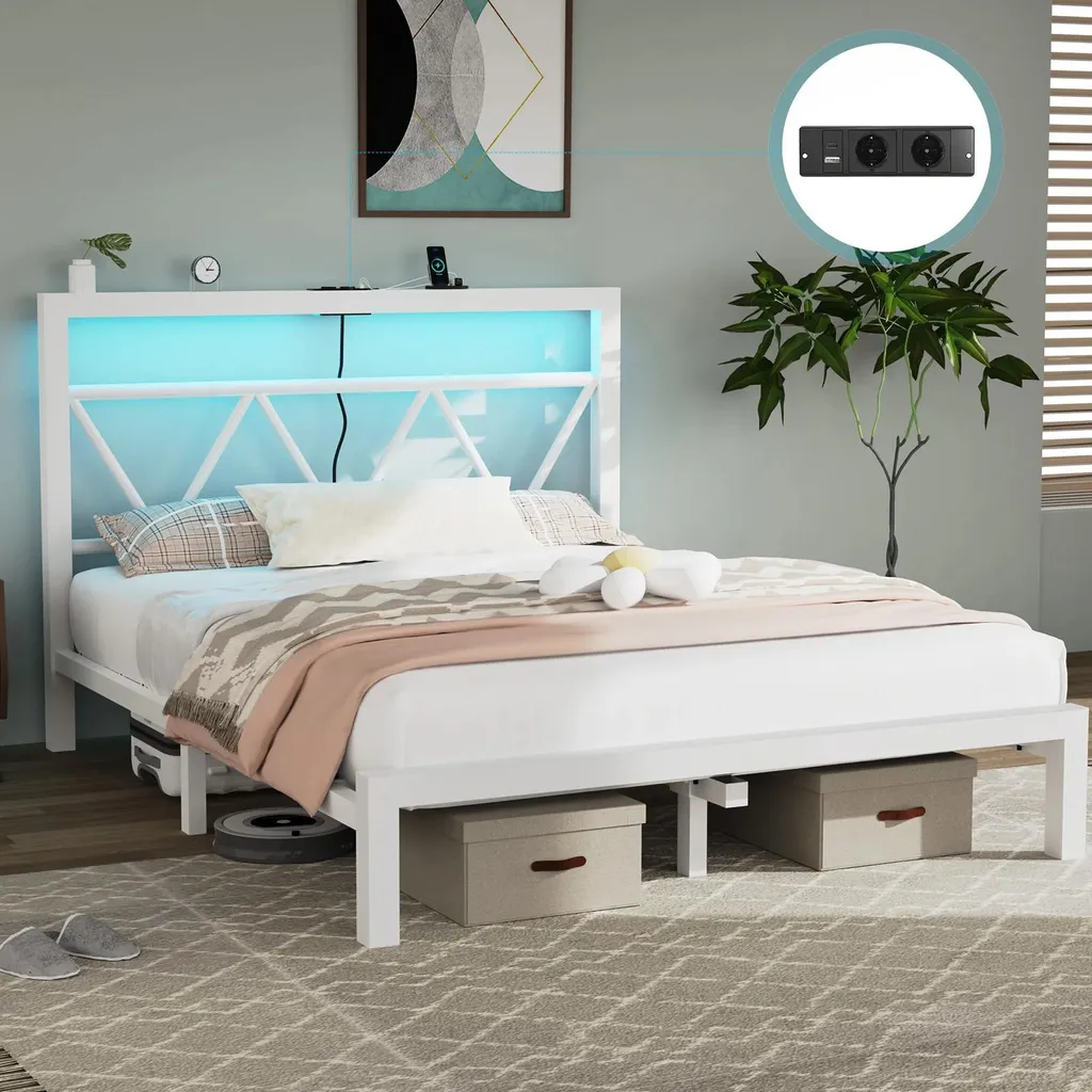 Lit 140x200 cm sans grincement avec ports USB et éclairage LED intégré