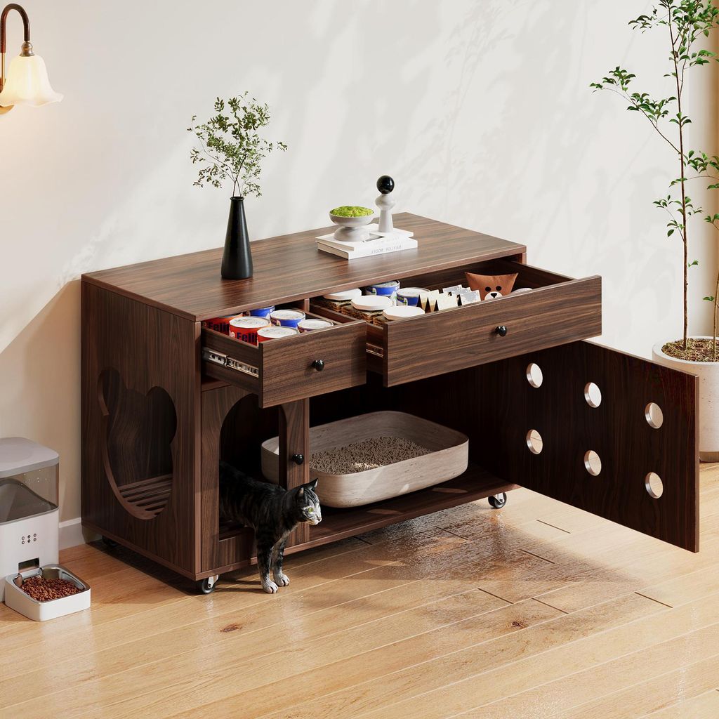 MODFU Katzenschrank Haustier-Sideboard Tierstall mit Rollen und Abnehmbare Sandauffangplatte,Katzenhaus mit Geruchsisolierung-Design,Nussbaumfarben