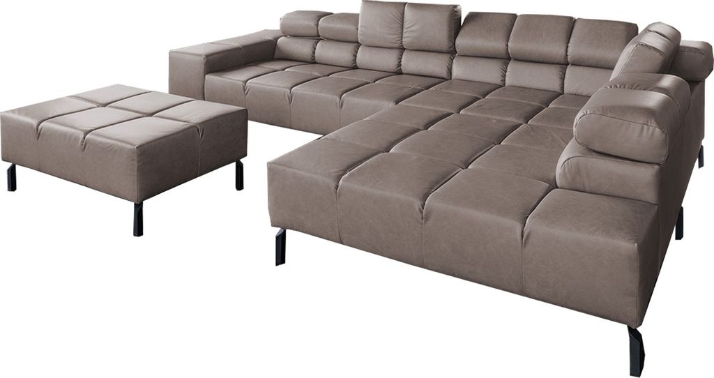 KAWOLA Sofa NELSON Ecksofa Leder dunkelbraun mit motorischem Sitzvorzug und Hocker Recamiere rechts
