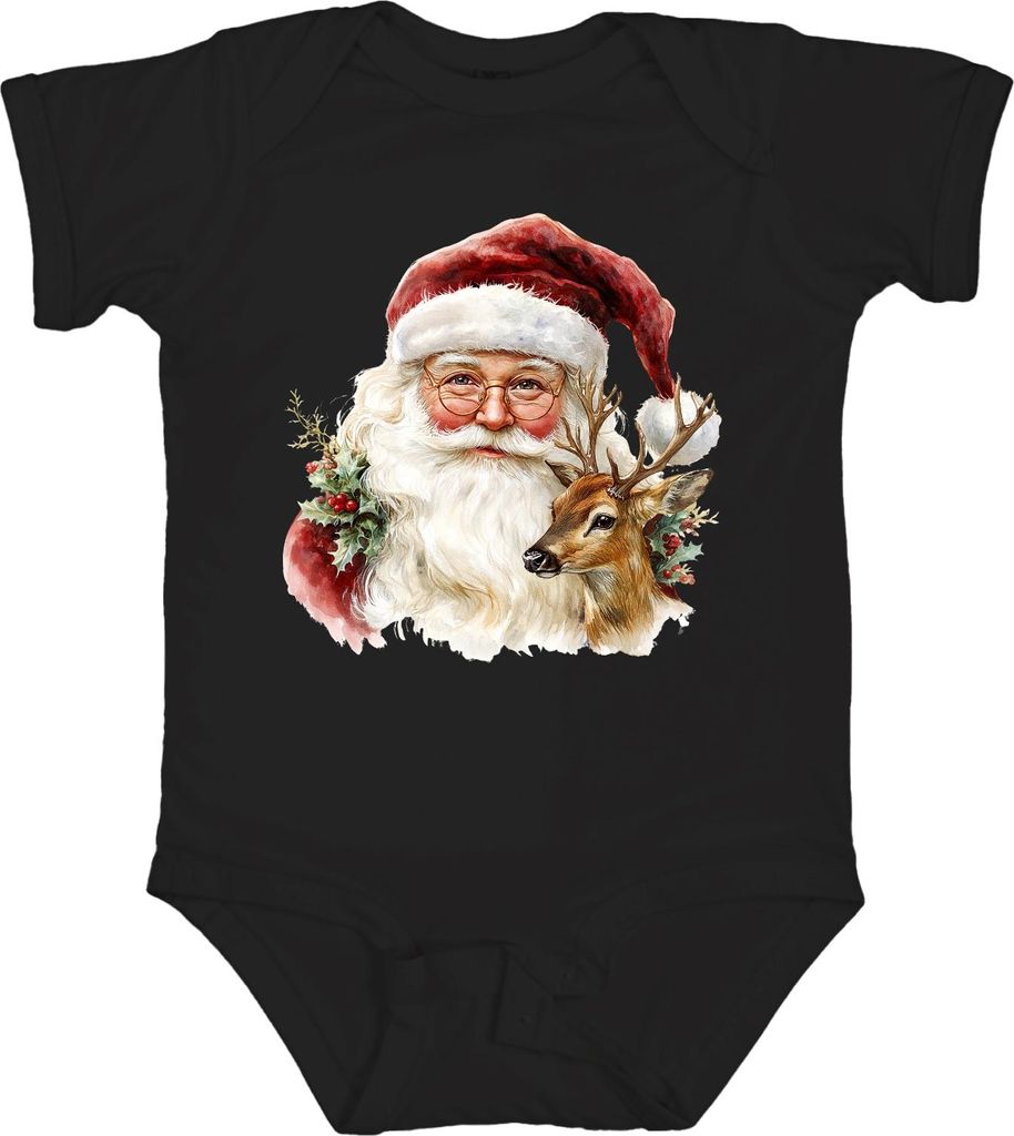 Weihnachtsmann Rentier Aquarell Vintage Geschenk Weihnachten Unisex Baby Body, Schwarz, 6/12