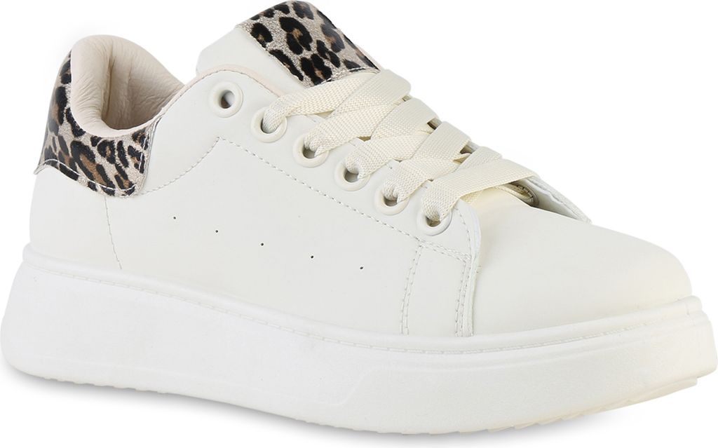 VAN HILL Damen Plateau Sneaker Metallic Schnürer Freizeit Schuhe 841513, Farbe: Beige Leo, Größe: 37