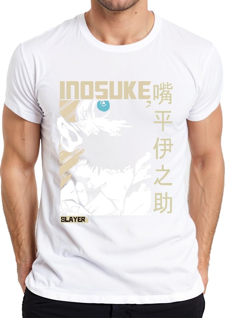 Inosuke Demon Slayer Wildschweinmaske Anime Fan Geschenk Japan Y2K Streetwear Herren T-Shirt, Weiß, M