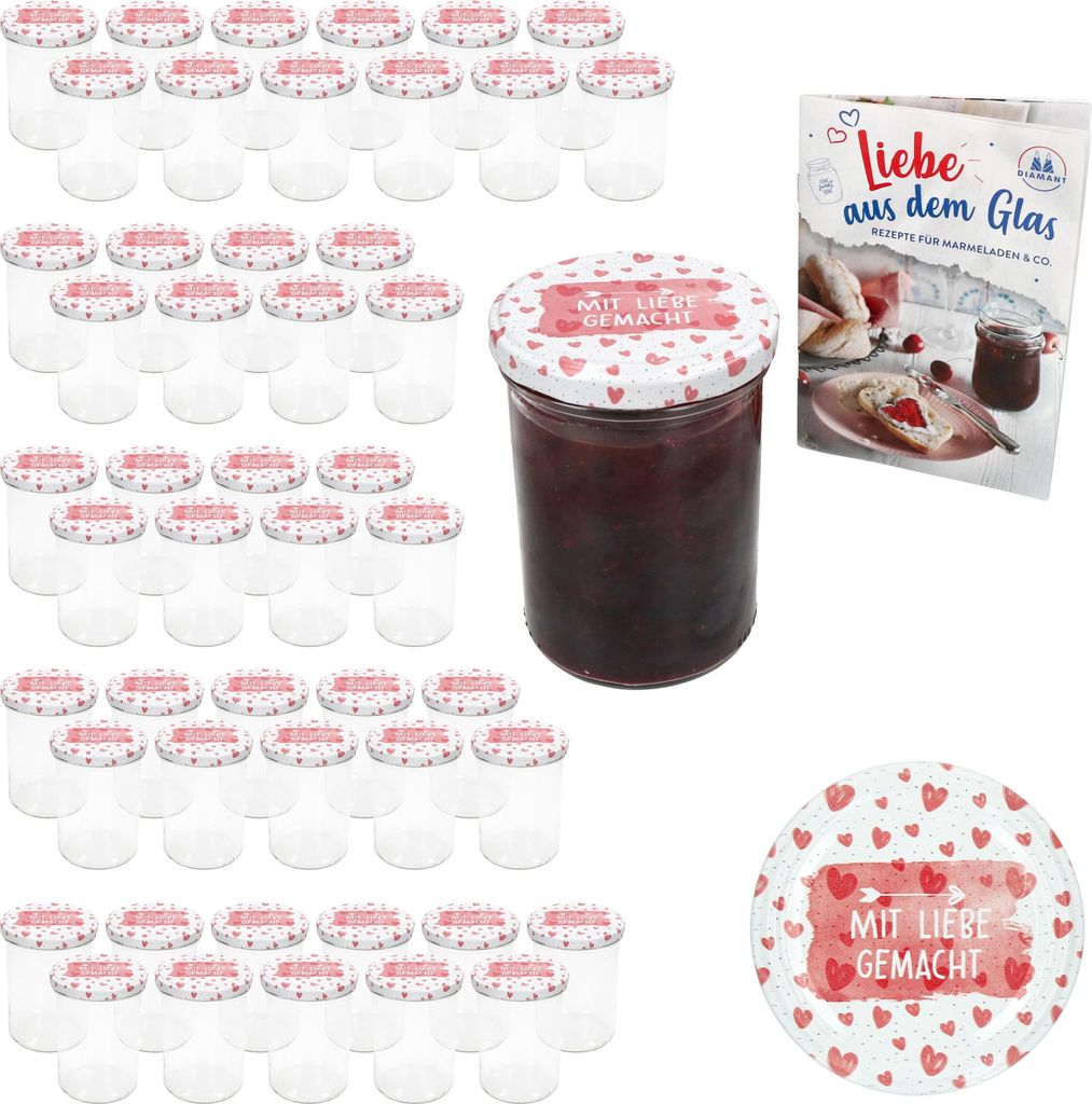 A set of empty jars with lids, a filled jar of jam, and a recipe booklet, all with a heart-themed design.
