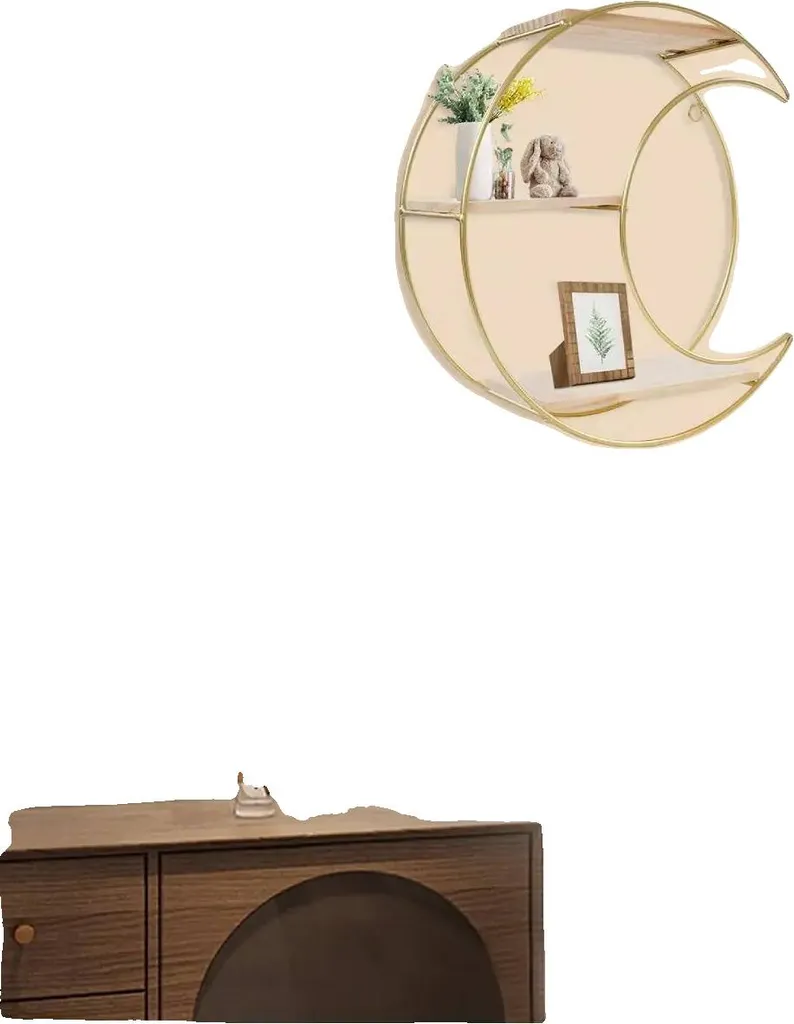 Scaffali Sospesi a Mezzaluna Oro e Legno di Pino | Design 3 Ripiani