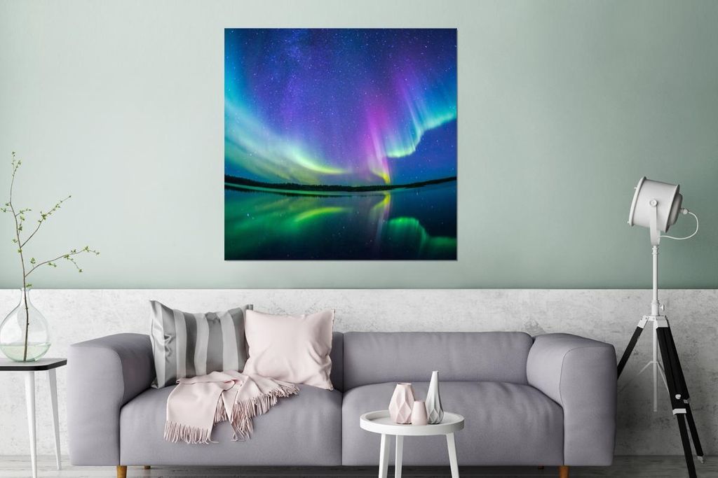 MuchoWow Wanddekoration Metall Metallbild Wandkunst 90x90 cm Nordlicht - Sternenhimmel - Reflexion MuchoWow Aluminium Gemälde - Dekoration - Indus...