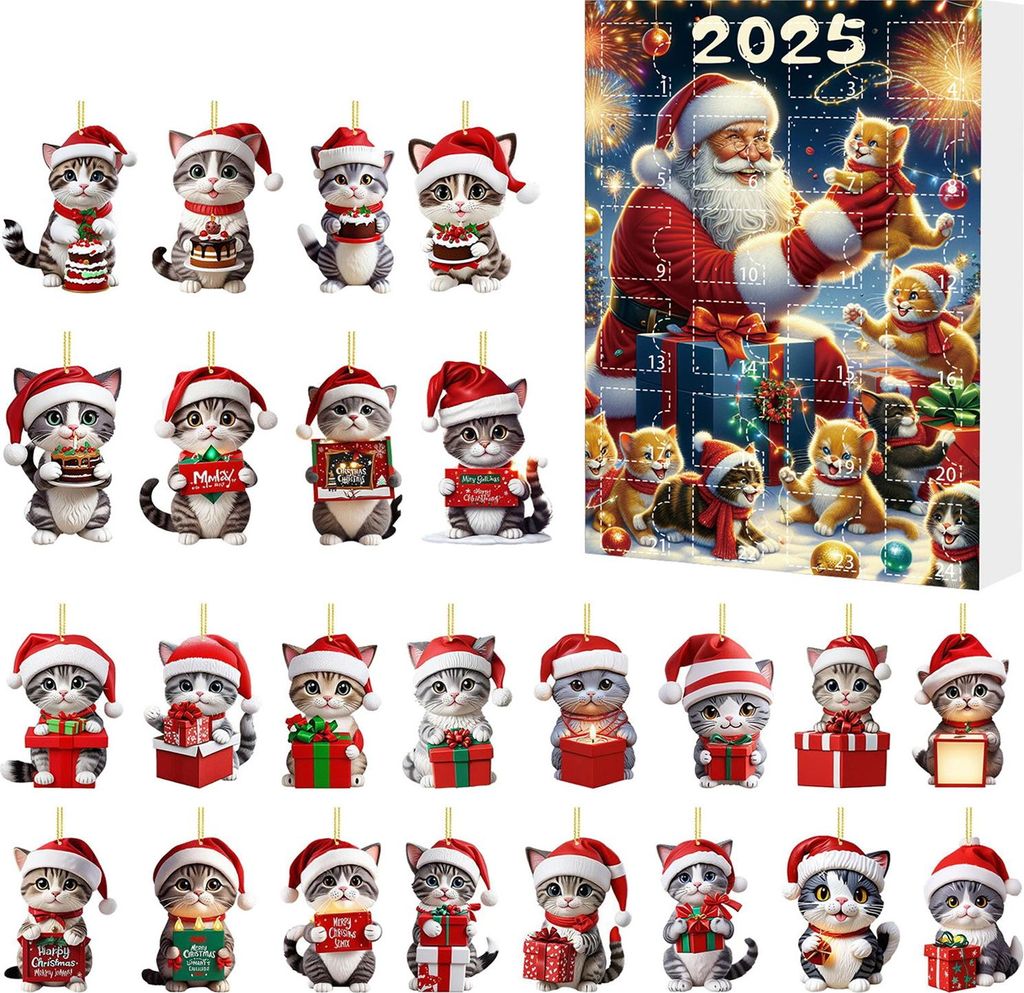 Katzen-Adventskalender 2025, 2D-Acryl, süße Katzenornamente, 24 Tage Weihnachts-Countdown-Kalender, Weihnachtsbaum-Hängedekoration für Katzenli...