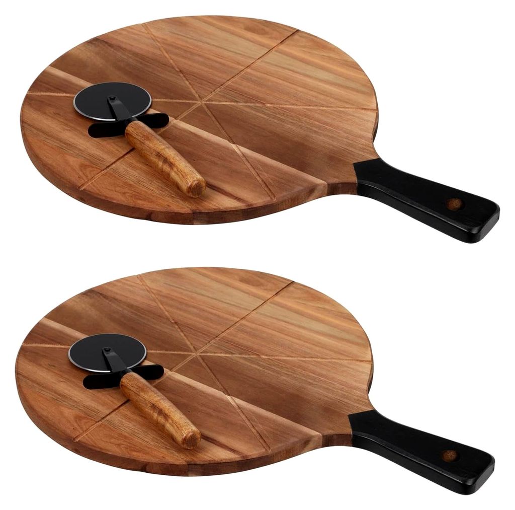 2er Set Rundes Pizza-Schneidebrett Ø 30 cm mit Pizzaroller aus Akazienholz