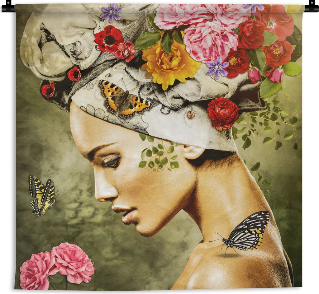 MuchoWow Wandteppich Wandbehang Frau - Blumen - Farben - Schmetterlinge - Rosen - Kopftuch 120x120 cm Tapisserie Dekoration Wandtuch - Modern - B...