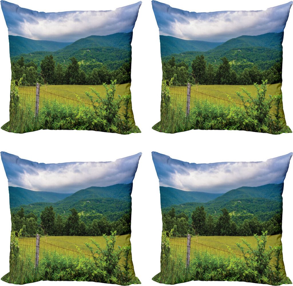 ABAKUHAUS Appalachian Kissenbezug Set (4 Stück), Rural Old Fence Foto, Moderner Doppelseitiger Digitaldruck, 40 cm x 40 cm, Gelb Grün Multicolor