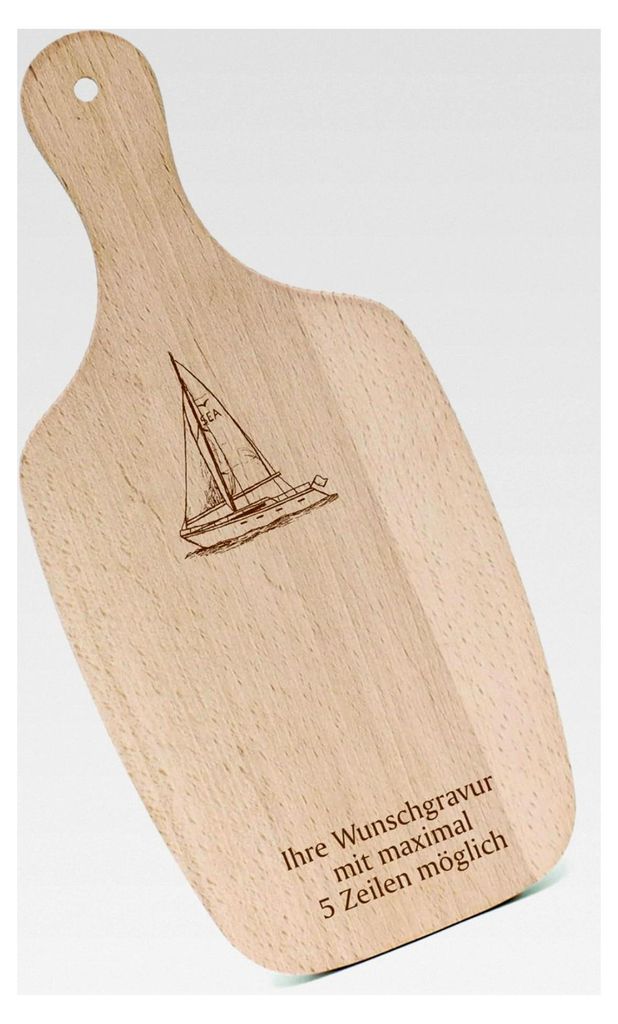Schneidebrett Frühstücksbrettchen mit Gravur - Segelboot - mit Griff 330x150 Holzbrett Küche