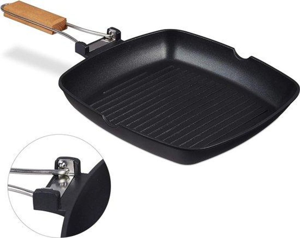 Grillpan mit Griff aus Holz, antihaftbeschichtet, mit Rillen, Aluminiumschicht, schwarz