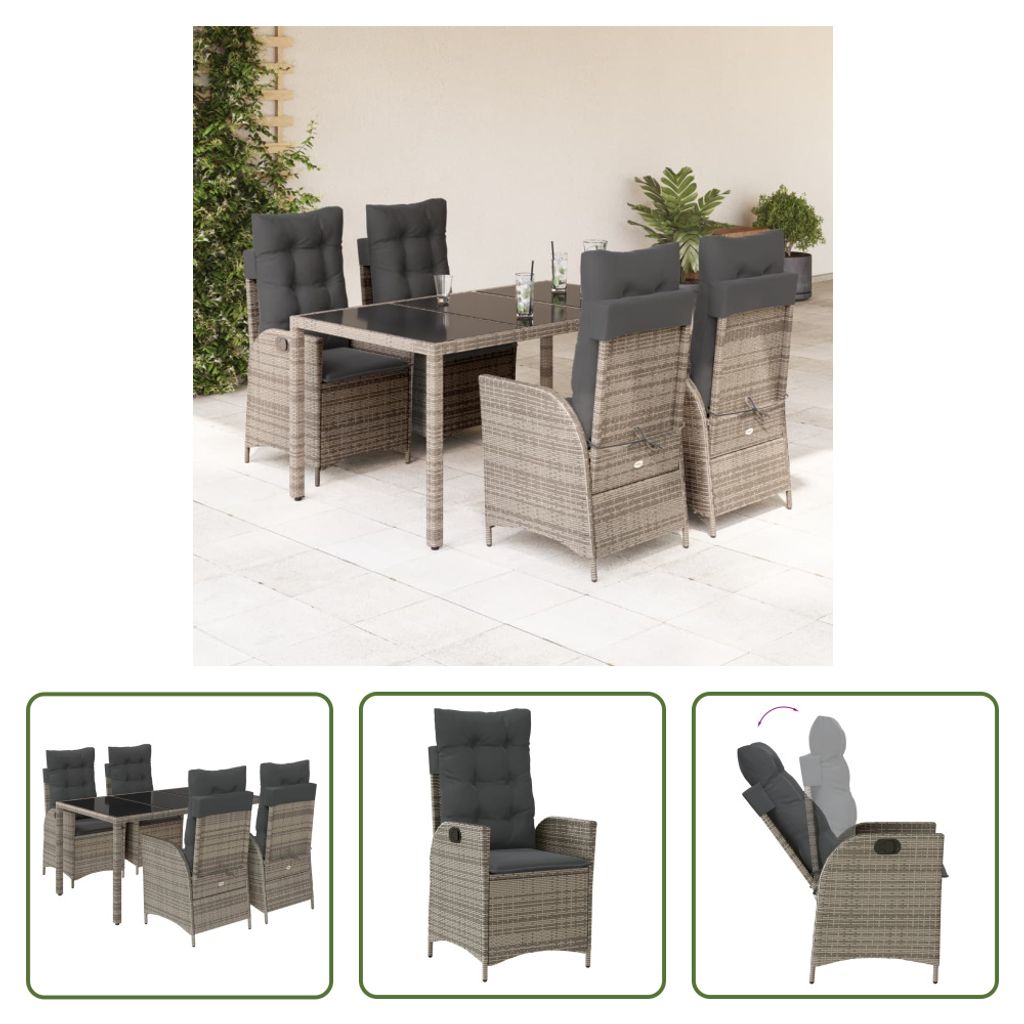 The Living Store 5-tlg. Garten-Essgruppe mit Kissen Grau Poly Rattan