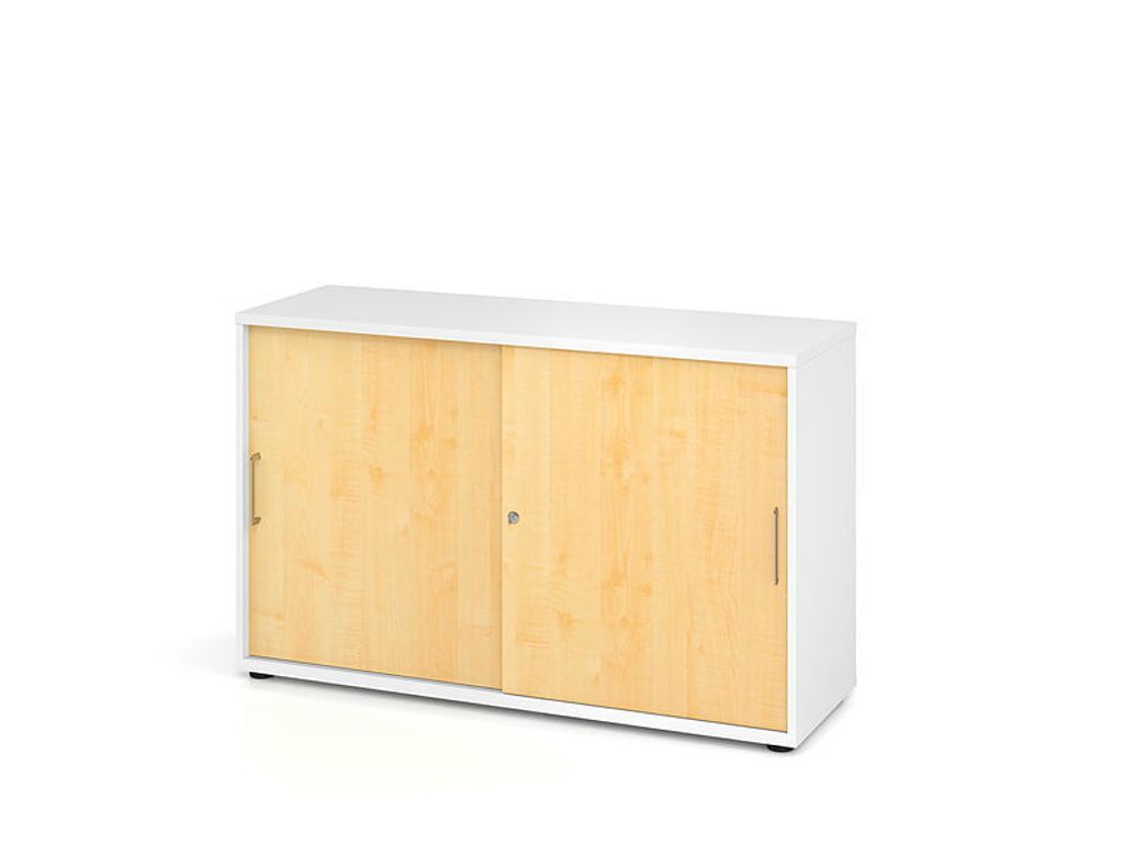 Hammerbacher Büroschrank Sideboard Aktenschrank Schiebetürenschrank Modell 1752S W/3=Weiß/Ahorn -RE = Relinggriff Kunststoff
