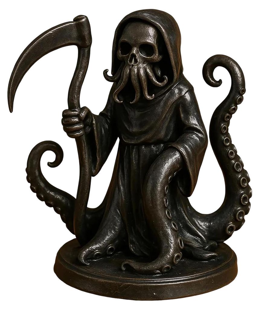 Halloween-Sensenmann-Oktopus-Statue, gotische Skelettfigur mit schwarzem Gewand, 23 cm, Dekoration für Feiertage und Partys