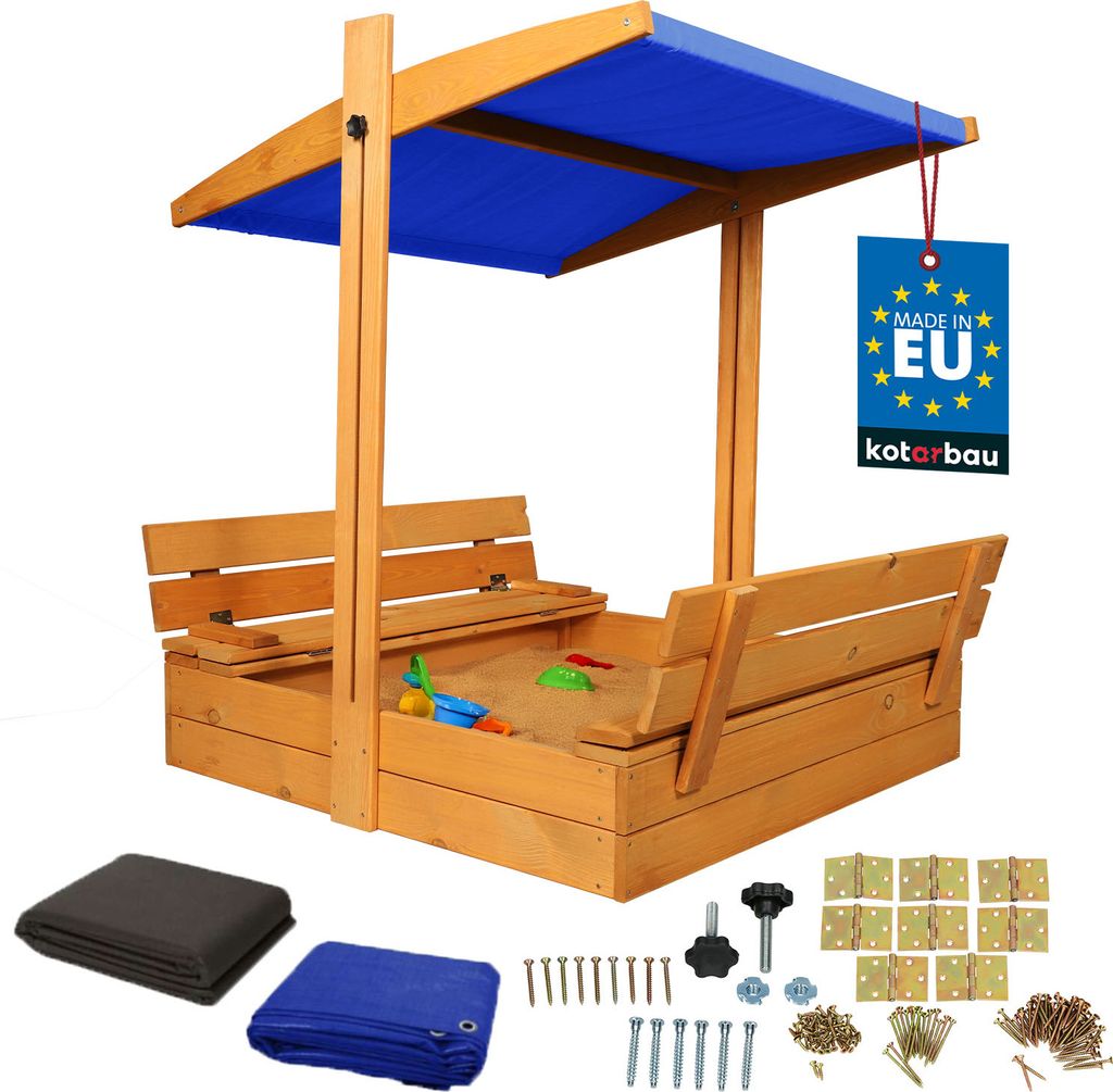 KOTARBAU Sandkasten mit Dach 100x100 cm Holz mit Abdeckung & Sitzbänken Sandkiste Gartenspielzeug für Kinder mit Deckel & Sonnenschutz in Blau ...