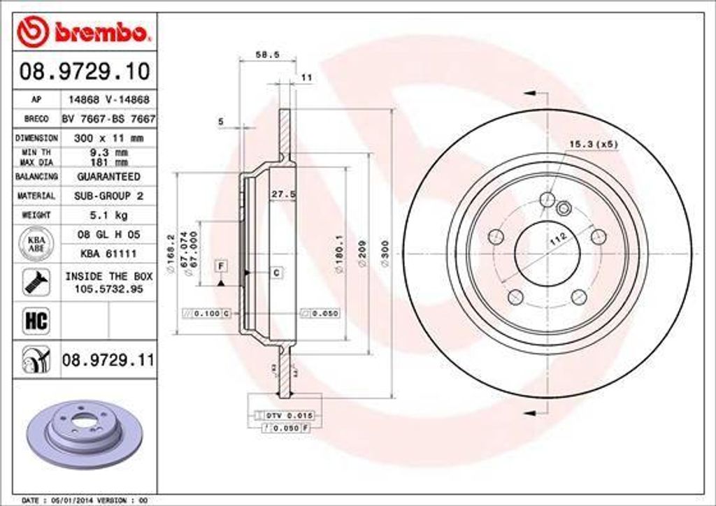 BREMBO 08.9729.11 Bremsscheibe OE 2204230112 kompatibel mit S-Klasse