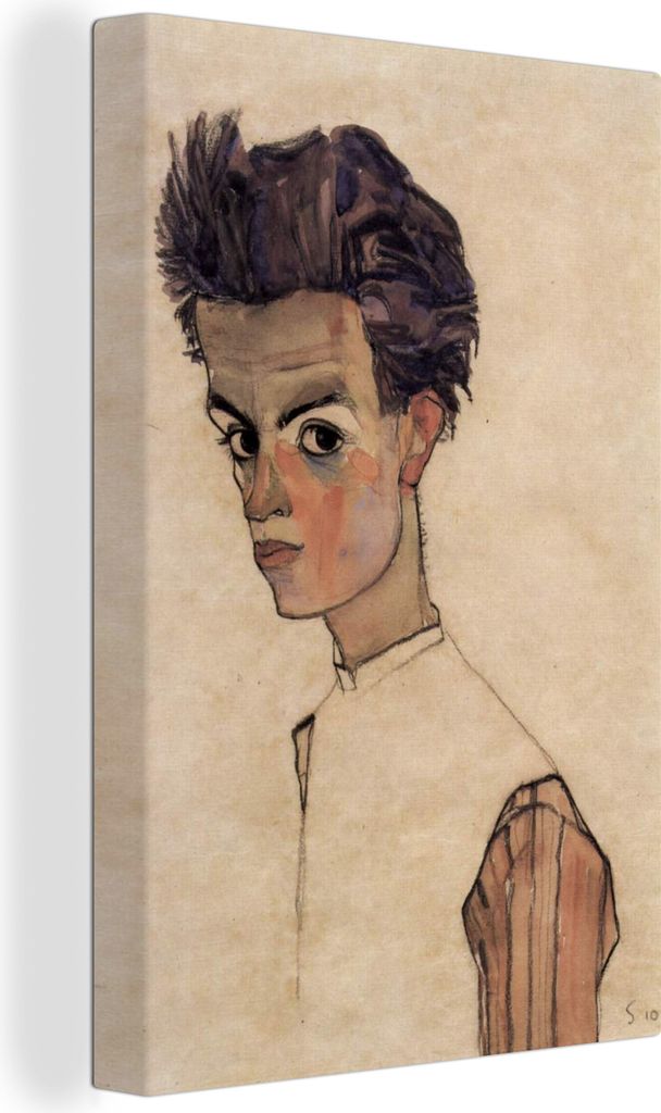 OneMillionCanvasses - Leinwandbilder - 90x140 cm, Selbstporträt mit gestreiftem Hemd - Egon Schiele, Wandbilder Kunstdruck Wanddekoration - Wand...