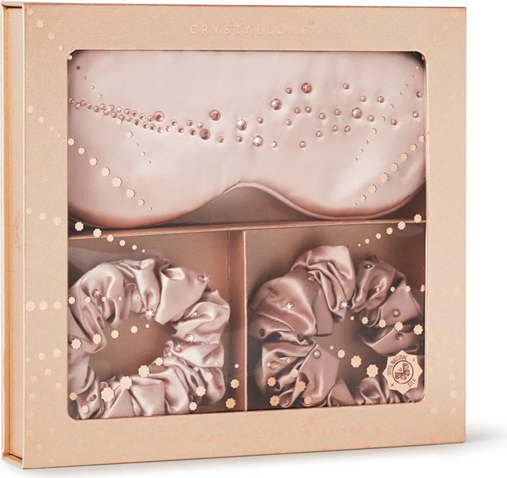 Crystallove Masque de Nuit en Soie Dorée avec Chouchous Assortis en Soie
