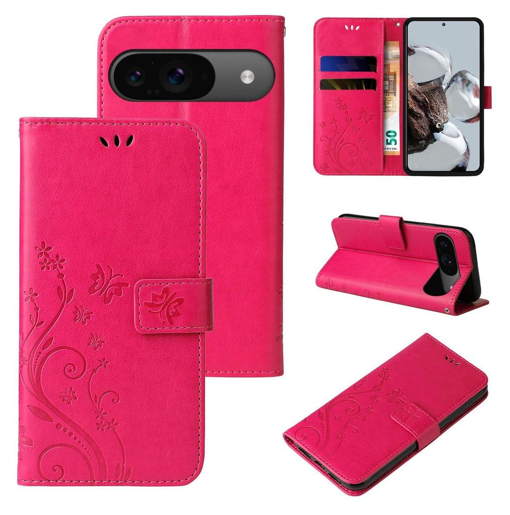 Handyhülle für Google Pixel 9 / 9 Pro Floral Blumen Schmetterling Flip Cover Hülle Case Klapphülle Handytasche Farbe: Pink