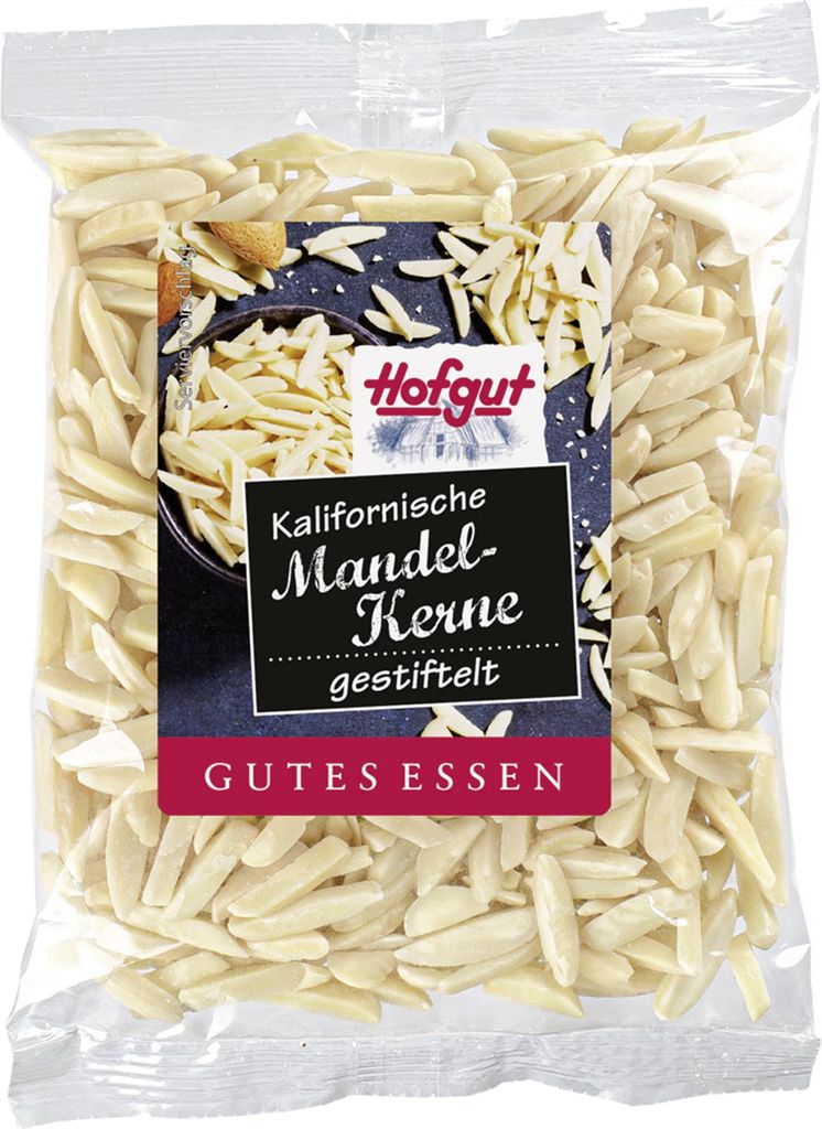 Hofgut Kalifornische Mandelkerne gestiftelt blanchiert 3er Pack (3x100g Beutel) + usy Block