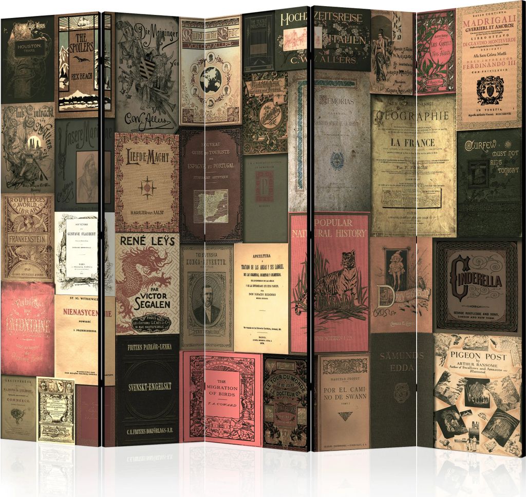 5-teiliger Einseitiger Vlies Paravent - Books of Paradise II 225x172 cm Text m-C-0242-z-c