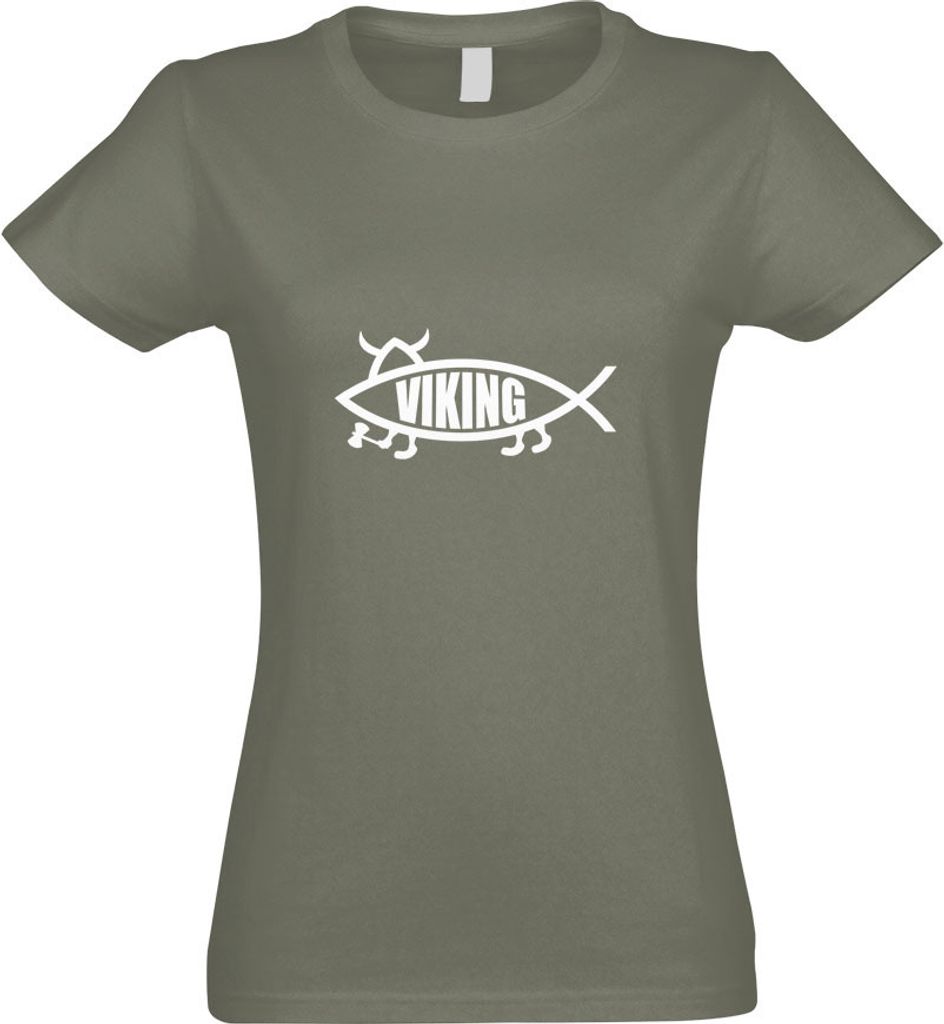 Kiwistar - T-Shirt tailliert - Damen - Olive - Viking Fisch - mit Motiv Bedruckt - Funshirt Design - Sport - Freizeit - Damen - M