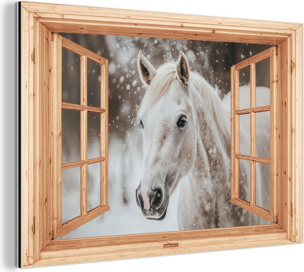 MuchoWow Wanddekoration Metall Metallbild Wandkunst 60x40 cm Durchsichtig - Pferd - Weiß - Winter - Tiere MuchoWow Aluminium Gemälde - Gemälder