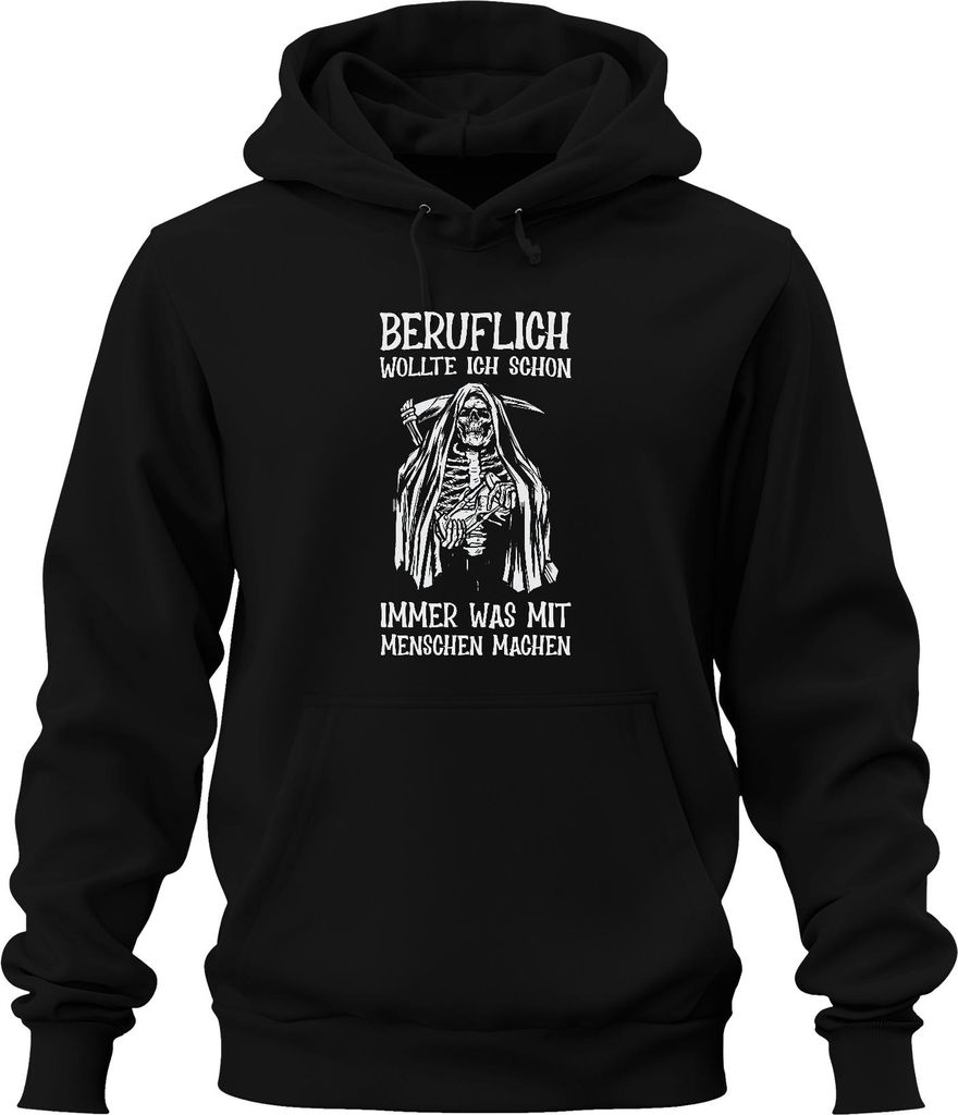 Beruflich wollte ich mit Menschen arbeiten Sensenmann Humor Dark Uni Hoodie Kapuzenpullover, Schwarz, XXL