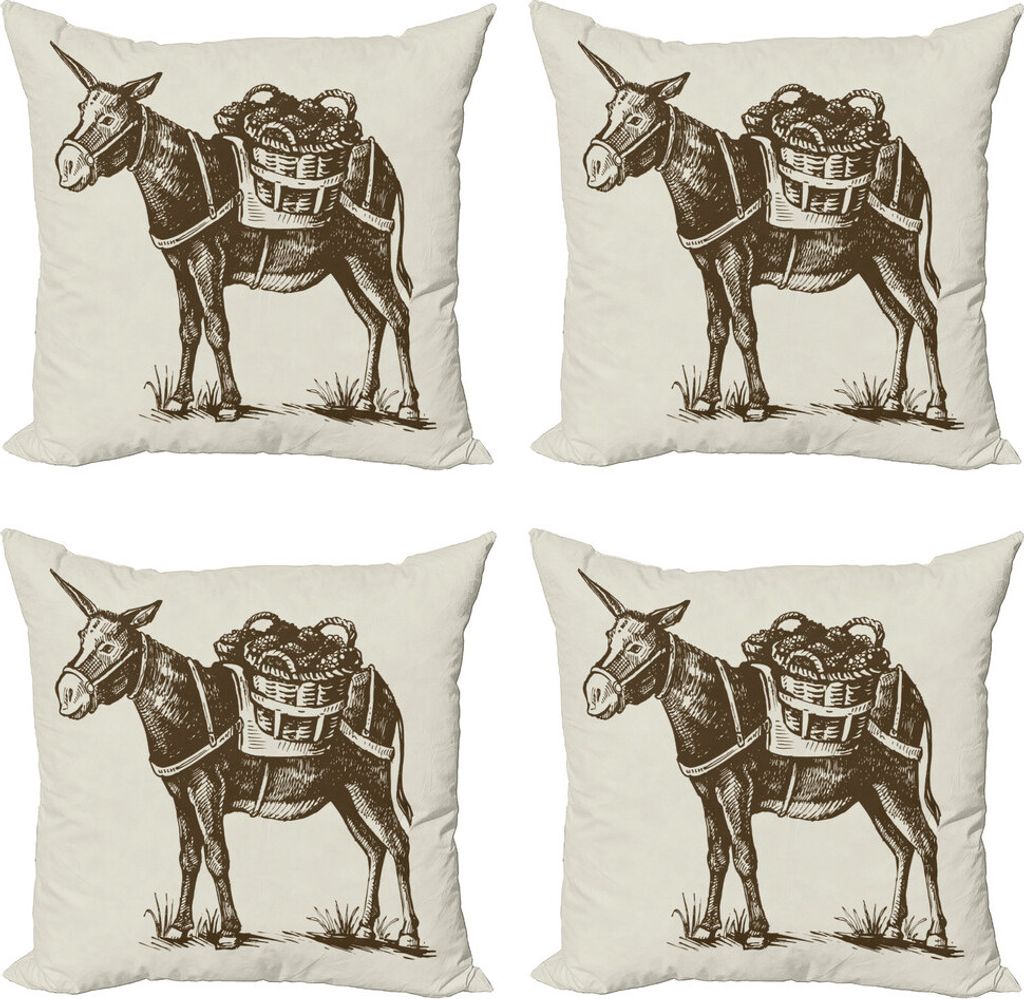 ABAKUHAUS Esel Kissenbezug Set (4 Stück), Weinlese-Tier mit Basket, Moderner Doppelseitiger Digitaldruck, 40 cm x 40 cm, Dunkler Kakao und Perle