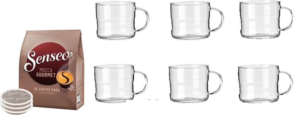 Mocca Gourmet-Pads Kaffeepad für Pad Maschinen, Aromatischer Kaffee, 36 Pads + 6 Gläser 200ml