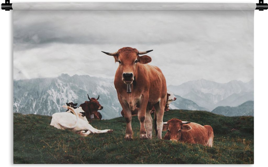 MuchoWow Wandteppich Wandbehang Tiere - Kuh - Berg 60x40 cm Tapisserie Dekoration Wandtuch - Wanddekorationen